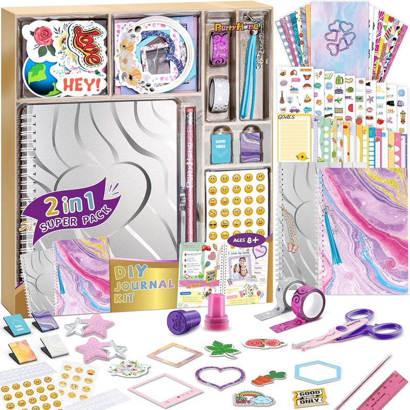 PERRYHOME 2-Pack DIY Journal Kit for Girls - 200+Pcs Journal Set for Teen & Tween Girls, Journaling Art & Crafts Kits,Scrapbook&Diary Supplies Set, Christmas Gifts for 8 9 10 11 12 13 14 Year Old Girl - Image 1